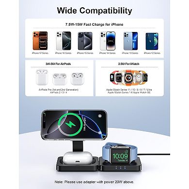 Magnetic Wireless Charging Station,3 in 1 Foldable Charger Stand for Multiple Devices