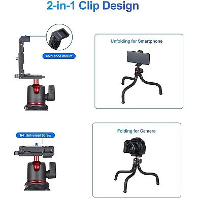 Camera Tripod, Mini Flexible Stand W Hidden Phone Holder, 1/4'' Screw F Magic Arm