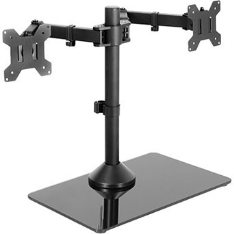 Freestanding Dual Monitor Stand with Sleek Glass Base and Adjustable Arms