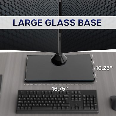Freestanding Dual Monitor Stand with Sleek Glass Base and Adjustable Arms