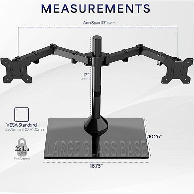 Freestanding Dual Monitor Stand with Sleek Glass Base and Adjustable Arms