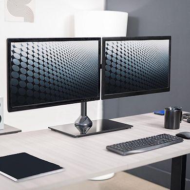 Freestanding Dual Monitor Stand with Sleek Glass Base and Adjustable Arms
