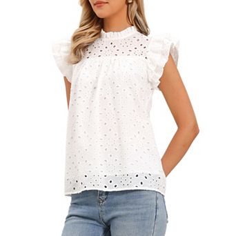 Women's Summer Eyelet Tops Short Ruffle Sleeves Shirts Crew Neck Hollow Out Lace Embroidered Blouses