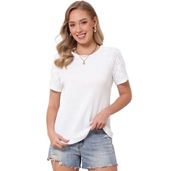 Waffle Knit Tops for Women's Short Sleeve Crew Neck Hollow Out Summer T Shirts