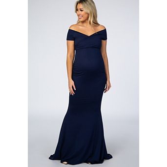 Maternity Navy Off Shoulder Wrap Maternity Photoshoot Gown/Dress