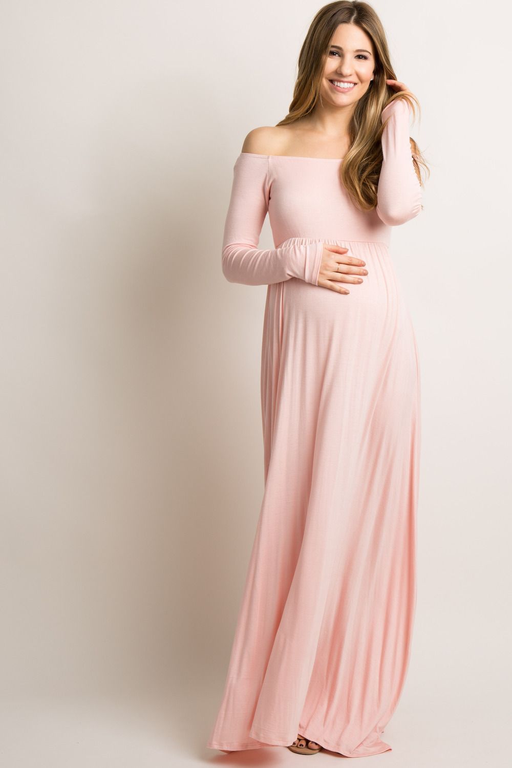 Женские платья Maternity Tall Pink Solid Off Shoulder Maternity Maxi Dress