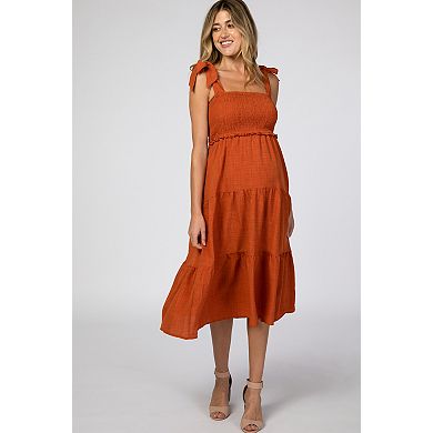 Maternity Bow Strap Tiered Midi Dress