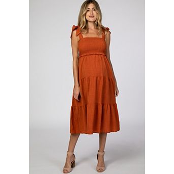 Maternity Bow Strap Tiered Midi Dress