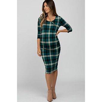Maternity Green Plaid 3/4 Sleeve Ruched Maternity Dress