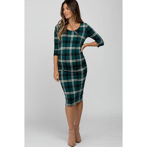 Forest Green Plaid 3/4 Sleeve Maternity Dress