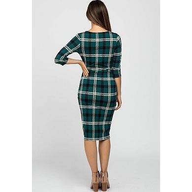 Maternity Green Plaid 3/4 Sleeve Ruched Maternity Dress