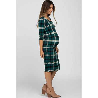 Maternity Green Plaid 3/4 Sleeve Ruched Maternity Dress