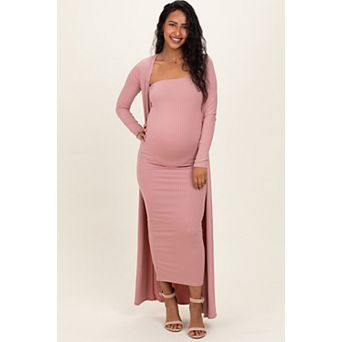 Maternity Ribbed Sleeveless Dress Cardigan Set
