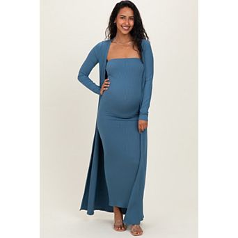Maternity Ribbed Sleeveless Dress Cardigan Set