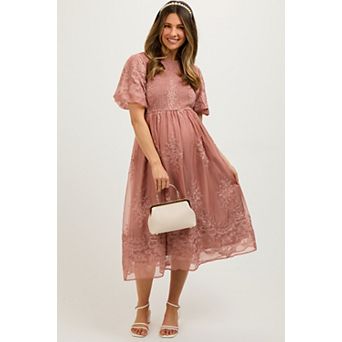 Maternity Floral Lace Smocked Midi Dress