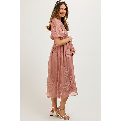 Maternity Floral Lace Smocked Midi Dress