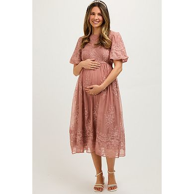Maternity Floral Lace Smocked Midi Dress