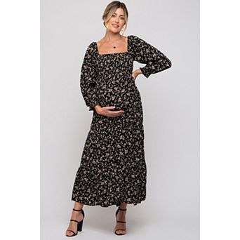 Maternity Floral Smocked Long Sleeve Maxi Dress