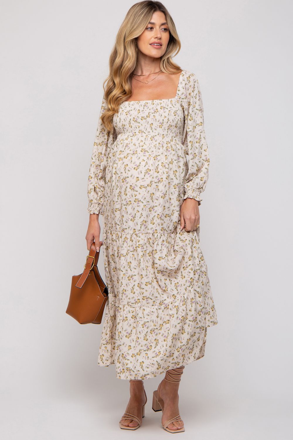 Женские платья Maternity Floral Smocked Long Sleeve Maxi Dress
