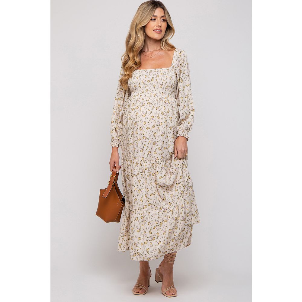 Light Olive Smocked Ruffled Floral Maternity Maxi Dress