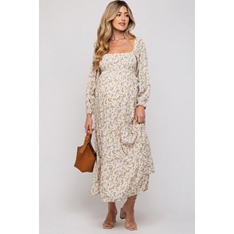 Maternity Floral Smocked Long Sleeve Maxi Dress