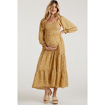 Maternity Floral Smocked Long Sleeve Maxi Dress
