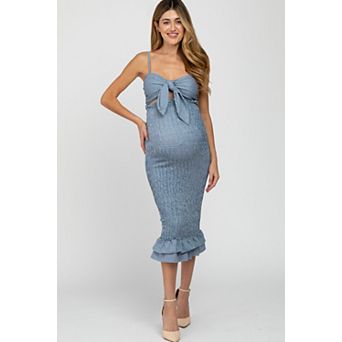 Maternity Gingham Print Smocked Fitted Self-Tie Midi Dress