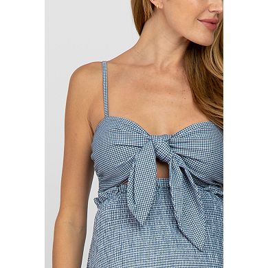 Maternity Gingham Print Smocked Fitted Self-Tie Midi Dress