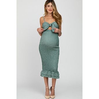 Maternity Gingham Print Smocked Fitted Self-Tie Midi Dress