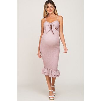 Maternity Gingham Print Smocked Fitted Self-Tie Midi Dress