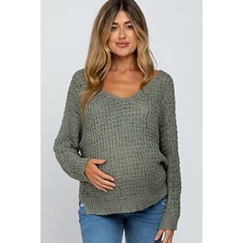 Maternity V-Neck Side Slit Thick Knit Sweater