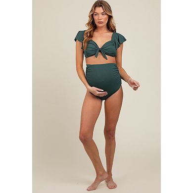 Maternity Ribbed Ruffle Shoulder Front Tie High Waist Two-Piece Swimsuit
