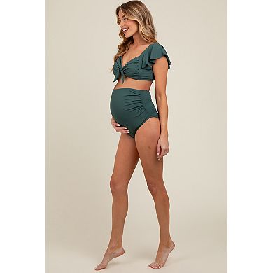 Maternity Ribbed Ruffle Shoulder Front Tie High Waist Two-Piece Swimsuit