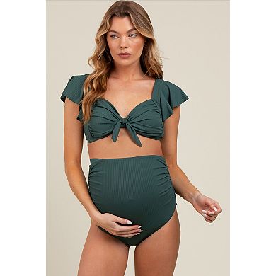 Maternity Ribbed Ruffle Shoulder Front Tie High Waist Two-Piece Swimsuit