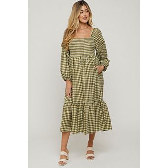 Maternity Gingham Long Sleeve Midi Dress