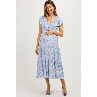 Maternity Floral Front Ruched Ruffle Shoulder Tiered Midi Dress