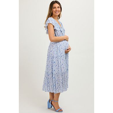 Maternity Floral Front Ruched Ruffle Shoulder Tiered Midi Dress