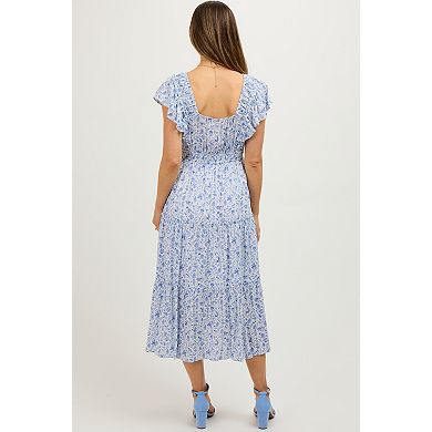 Maternity Floral Front Ruched Ruffle Shoulder Tiered Midi Dress