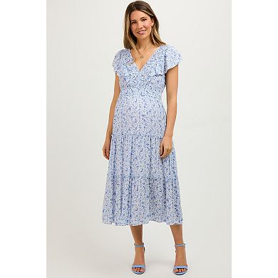 Maternity Floral Front Ruched Ruffle Shoulder Tiered Midi Dress