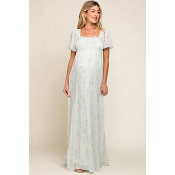 Maternity Green Floral Smocked Chiffon Maxi Dress