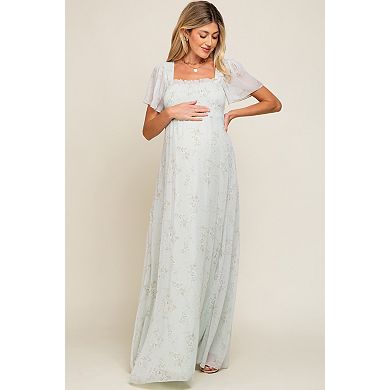 Maternity Green Floral Smocked Chiffon Maxi Dress