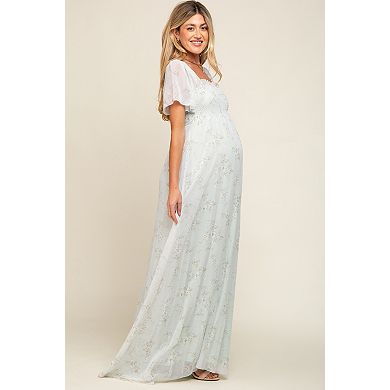 Maternity Green Floral Smocked Chiffon Maxi Dress