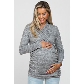 Maternity Grey Soft Heathered Draped Wrap Nursing Top