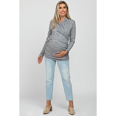Maternity Grey Soft Heathered Draped Wrap Nursing Top
