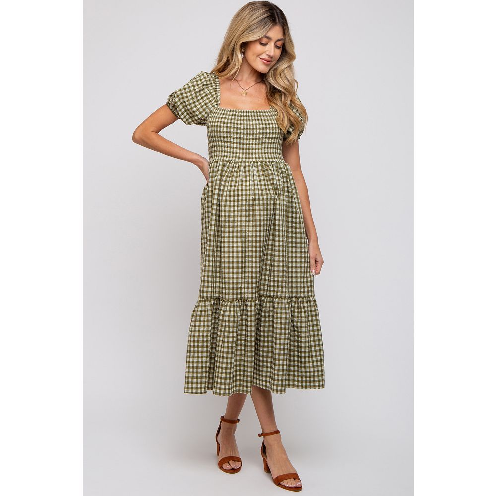 PinkBlush Maternity Olive Gingham Smocked Midi Dress - Olive green