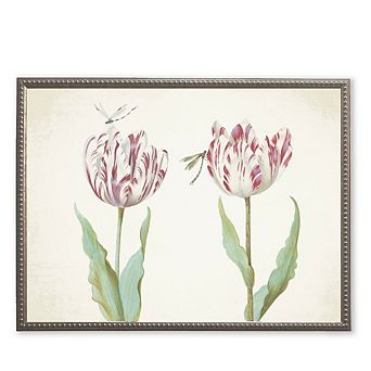 Pink Flowers with Two Dragonflies in Silver-Beaded Frame