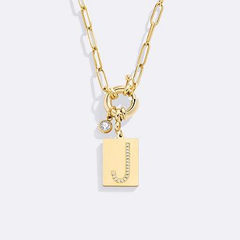 Pave Initial Pendant Necklace with Paperclip Chain
