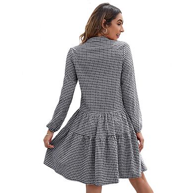 Women's Plaid Mini Dress Casual Long Sleeve V Neck Button Down Swing Short Dress