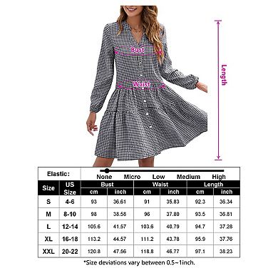 Women's Plaid Mini Dress Casual Long Sleeve V Neck Button Down Swing Short Dress
