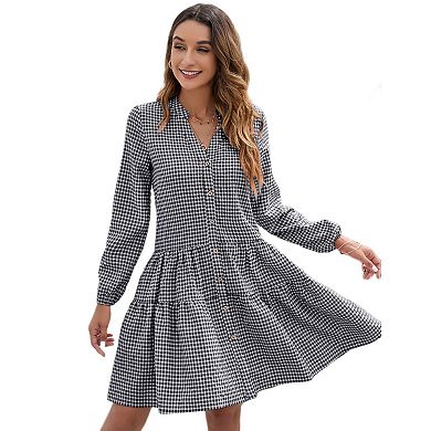 Women's Plaid Mini Dress Casual Long Sleeve V Neck Button Down Swing Short Dress